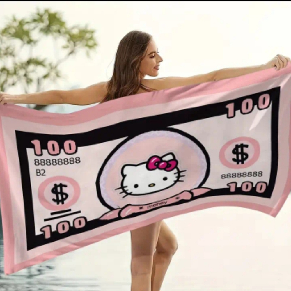 Hello Kitty 100 dollar bill pink Beach Towel